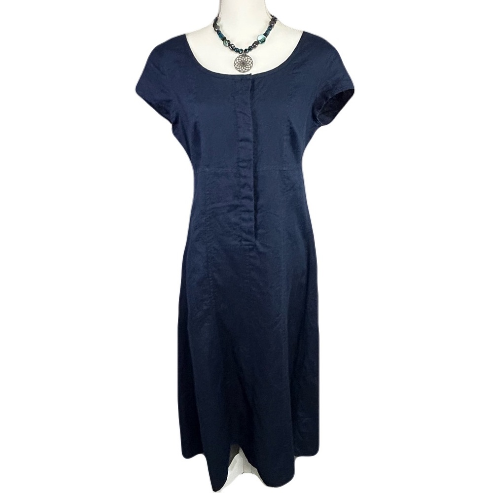 Chadwicks 100% Linen Maxi Dress Petite Size 10P Navy Lagom Minimalist‎ Modest